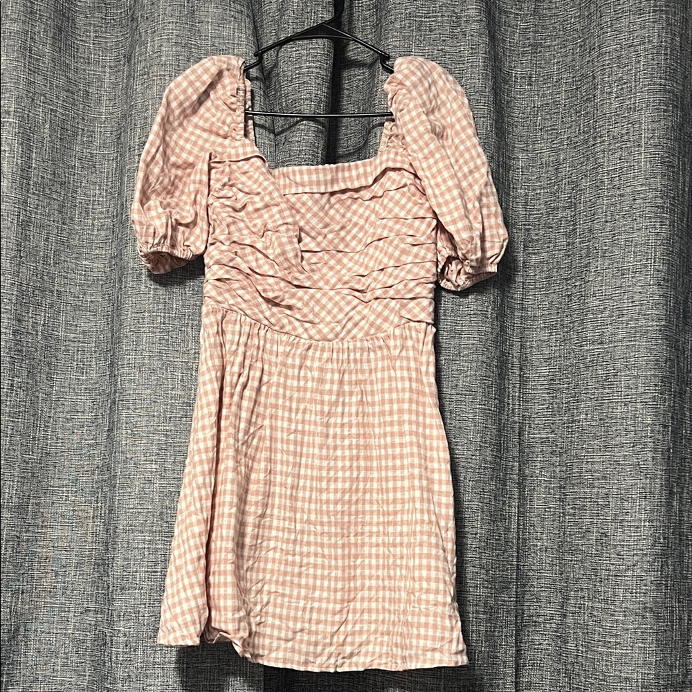 Reformation Pink Checkered Puff Sleeve Mini Dress